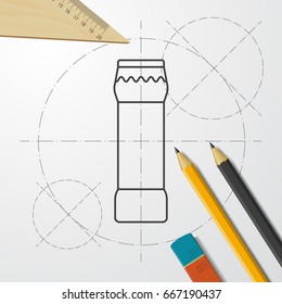 Vector blueprint bottle with cleaning powder for kitchen, bathroom, toilet on engineer and architect background 