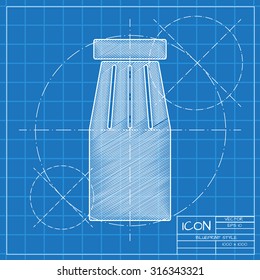 Vector blueprint bottle with juice template on engineer or architect background.  