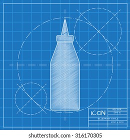 Vector blueprint bottle with ketchup icon on engineer or architect background.  
