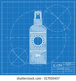 Vector blueprint bottle with solar protection on engineer or architect background.  