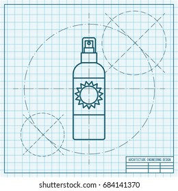 Vector blueprint bottle with solar protection on engineer and architect background 