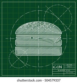 Vector blueprint burger icon . Engineer and architect background. 