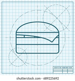Vector blueprint burger icon on engineer and architect background 