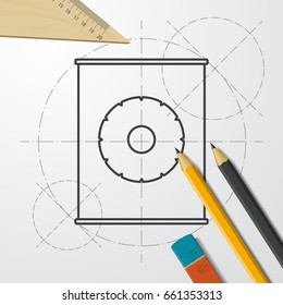 Vector blueprint canned pineapple bottle on engineer and architect background 