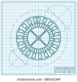 Vector blueprint casino roulette wheel icon on engineer and architect background 