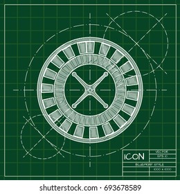 Vector blueprint casino roulette wheel icon on engineer and architect background  
