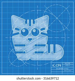 Vector blueprint cat icon on engineer or architect background.  