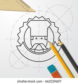 Vector blueprint chef cook chois emblem icon on engineer and architect background 