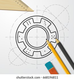 Vector blueprint chip icon on engineer and architect background 