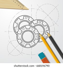 Vector blueprint chips icon on engineer and architect background