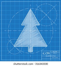 Vector blueprint christmas tree icon on engineer or architect background.  