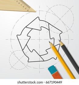 Vector blueprint circle round arrows for business, diagram on engineer and architect background 