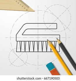 Vector blueprint cleaning brush icon on engineer and architect background 