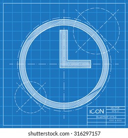 Vector blueprint clock icon on engineer or architect background.  