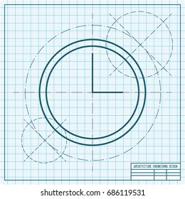 Vector blueprint clock icon on engineer and architect background 