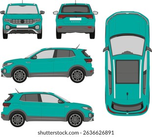Vector blueprint of a compact SUV car, shown from top, front, rear, and side views