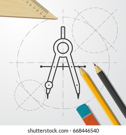Vector blueprint compasses icon on engineer and architect background 