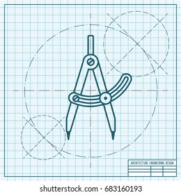 Vector blueprint compasses icon on engineer and architect background 