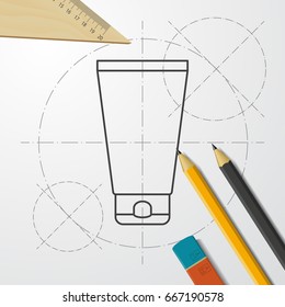 Vector blueprint cosmetic cream bottle on engineer and architect background 