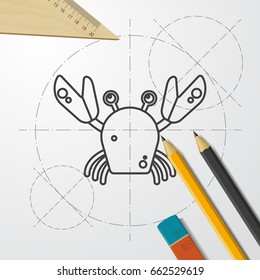 Vector blueprint crab icon on engineer and architect background