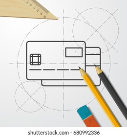 Vector blueprint credit card icon on engineer and architect background . Business collection 