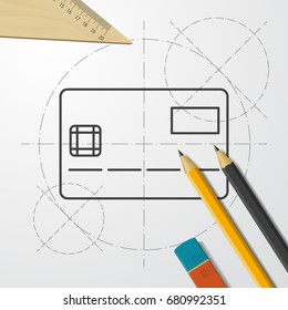 Vector blueprint credit card icon on engineer and architect background . Business collection 