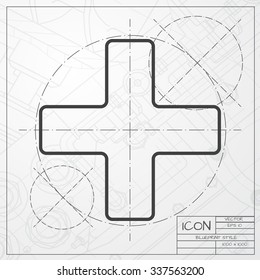 Vector blueprint of cross icon on engineer or architect background 