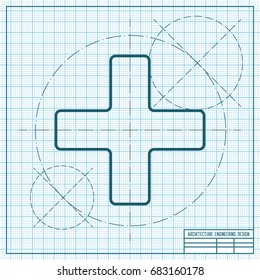 Vector blueprint cross icon on engineer and architect background 