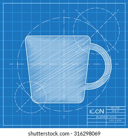 Vector blueprint cup for tea or coffee icon on engineer or architect background.  