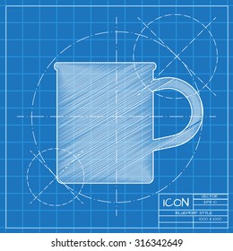 Vector blueprint cup for tea or coffee icon on engineer or architect background.  