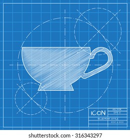Vector blueprint cup for tea or coffee icon on engineer or architect background.  