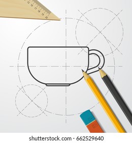 Vector blueprint cup for tea or coffee icon on engineer and architect background 