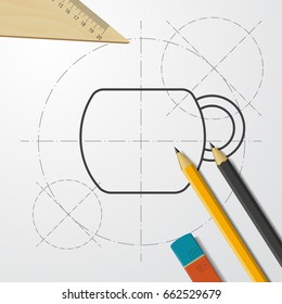 Vector blueprint cup for tea or coffee icon on engineer and architect background 