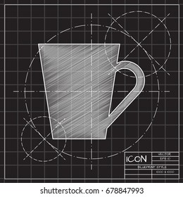 Vector blueprint cup for tea or coffee icon on engineer and architect background 
