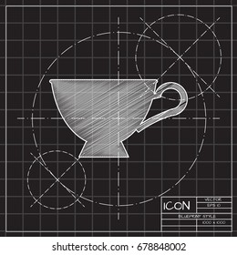 Vector blueprint cup for tea or coffee icon on engineer and architect background 