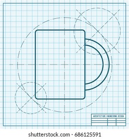 Vector blueprint cup for tea or coffee icon on engineer and architect background 