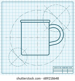 Vector blueprint cup for tea or coffee icon on engineer and architect background 