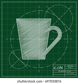 Vector blueprint cup for tea or coffee icon on engineer and architect background  