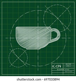 Vector blueprint cup for tea or coffee icon on engineer and architect background  