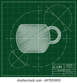 Vector blueprint cup for tea or coffee icon on engineer and architect background  