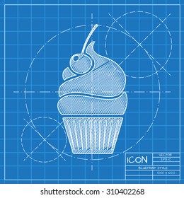 Vector blueprint cupcake with cherry icon . Engineer and architect background. 