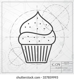 Vector blueprint of cupcake with cherry icon on engineer or architect background 