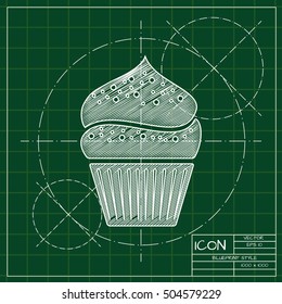 Vector blueprint cupcake icon . Engineer and architect background. 