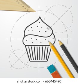 Vector blueprint cupcake icon on engineer and architect background