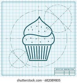 Vector blueprint cupcake icon on engineer and architect background