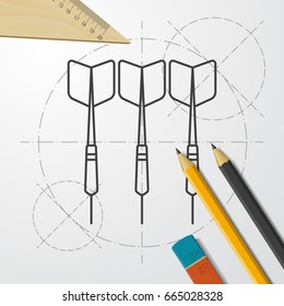 Vector blueprint darts icon on engineer and architect background 