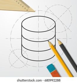 Vector blueprint database icon on engineer and architect background. Business collection 