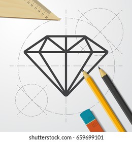 Vector blueprint diamond icon on engineer and architect background 