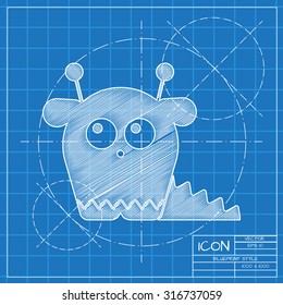 Vector blueprint dinosaur monster icon on engineer or architect background.  