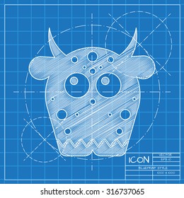 Vector blueprint dinosaur monster icon on engineer or architect background.  